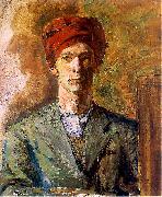 Zygmunt Waliszewski Self portrait in red headwear oil painting